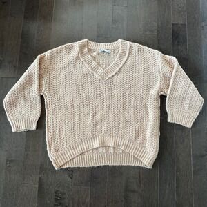 Zara V Neck Chunky Alpaca Blend Knit Sweater Slouchy Oversized Boho Ribbed Tan S